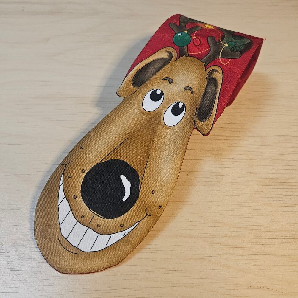 Vintage Jolly Holly Christmas Tie Reindeer Novelty Holiday Men Neck Tie Red